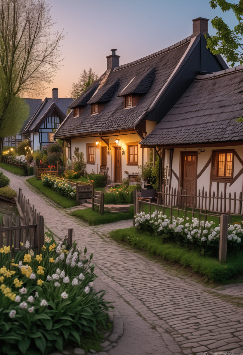 photo of a quaint village, featuring traditional houses, modest gardens, wooden fences, a peaceful ambiance, during spring, in the evening ,Masterpiece,best quality, raw photo, realistic, very aesthetic