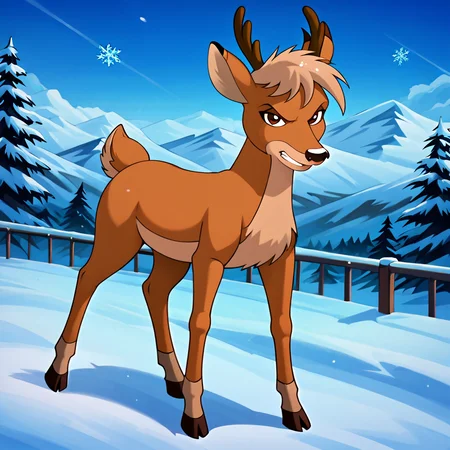 <lora:ArrowRud98:1>, <lora:StS_PonyXL_Detail_Slider_v1.4_iteration_3:3>, ArrowRud98, reindeer, brown eyes, small antlers dark brown mascara, thin eyebrows, blond hair, feral, male, outdoors, solo, nighttime, clouds, snowy landscape background, mountains in background, north pole background, (full body, smirking, angry eyebrows, clenched teeth, evil smile, brown iris, black pupils, stars in sky, (8k, sharp details, ultra detailed, score_7, score_8, score_9,) shaded, front view, no humans, behind view, body facing left, head turned towards viewer, brown iris, brown eyes, black pupils, all fours, snowflakes,