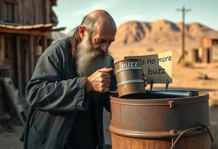 an old man with long beard bald holding a rusty metal mug with the text "BUZZ" trying to fill it from an old drum with the legend buzz on the side with a sheet stuck on top that says "there is no more buzz" in a desert town