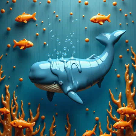 A flying blue whale made of caramel in a sea of caramel. caramel fishes with licorice lasers emerge from it. caraf