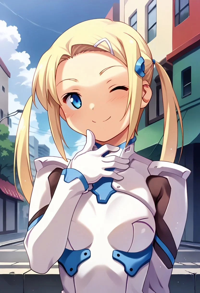 score_9, score_8_up, score_7_up, masterpiece, source_anime, 1girl, ct_yuzu, blonde hair, twintails, long hair, white hairclip, hair ornament, bodysuit, black pantyhose, cowboy shot, upper body, outdoors, city, depth of field, looking at viewer, smile, hand on chin, closed mouth, one eye closed, happy, facing viewer,