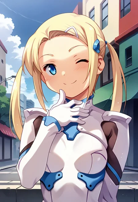 score_9, score_8_up, score_7_up, masterpiece, source_anime, 1girl, ct_yuzu, blonde hair, twintails, long hair, white hairclip, hair ornament, bodysuit, black pantyhose, cowboy shot, upper body, outdoors, city, depth of field, looking at viewer, smile, hand on chin, closed mouth, one eye closed, happy, facing viewer,