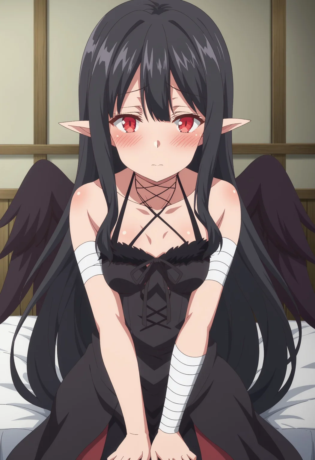 EBEve, 1girl, solo, long hair, blush, shy, brown hair, black hair, red eyes, dress, bare shoulders, sitting, very long hair, closed mouth, collarbone, sidelocks, wings, pointy ears, indoors, black dress, black ribbon, bed, halterneck, on bed, bandages, black wings, bandaged arm, upper body, anime coloring, looking at viewer, small breasts,
<lora:xl_more_art-full_v1:0.8>, <lora:EveReese:1>