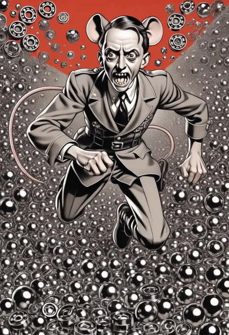 Period British propaganda poster: Caricature of Goebbels ((as mouse)) tripping on hundreds of small steel balls ((ball bearings)) and falling.