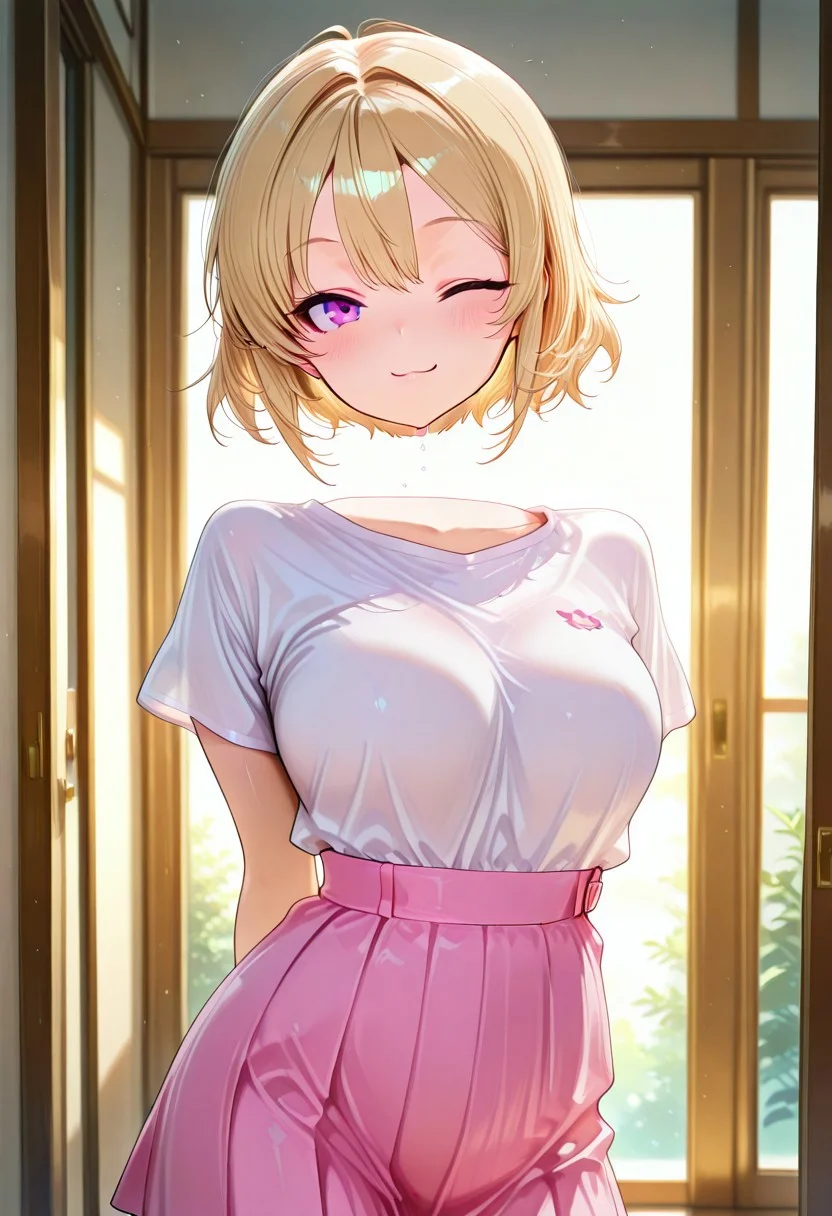 masterpiece, best quality, amazing quality, very aesthetic, high resolution, ultra-detailed, absurdres, newest, volumetric lighting, absolutely eye-catching,
1girl, Kawai Mona, dynamic pose, portrait shot, in front of her home, morning, standing, blonde hair, purple eyes, white shirt, short sleeves, cute pink skirt, looking at viewer, wink,
disembodied_head_smooth_shoulder