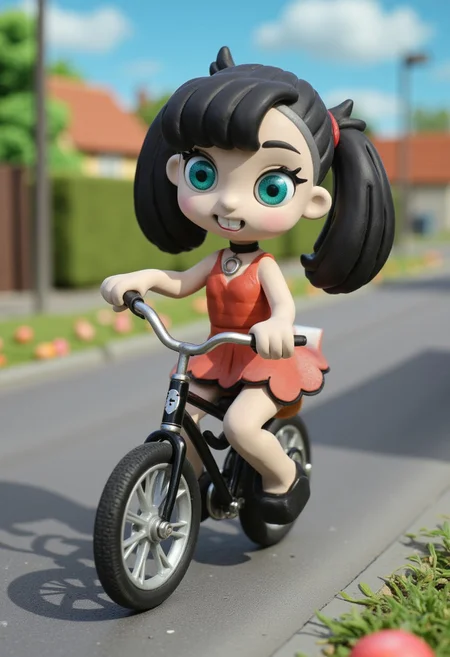 a claymation animation of an zzMarnie, aqua eyes, black choker, red ribbon, riding a bicycle