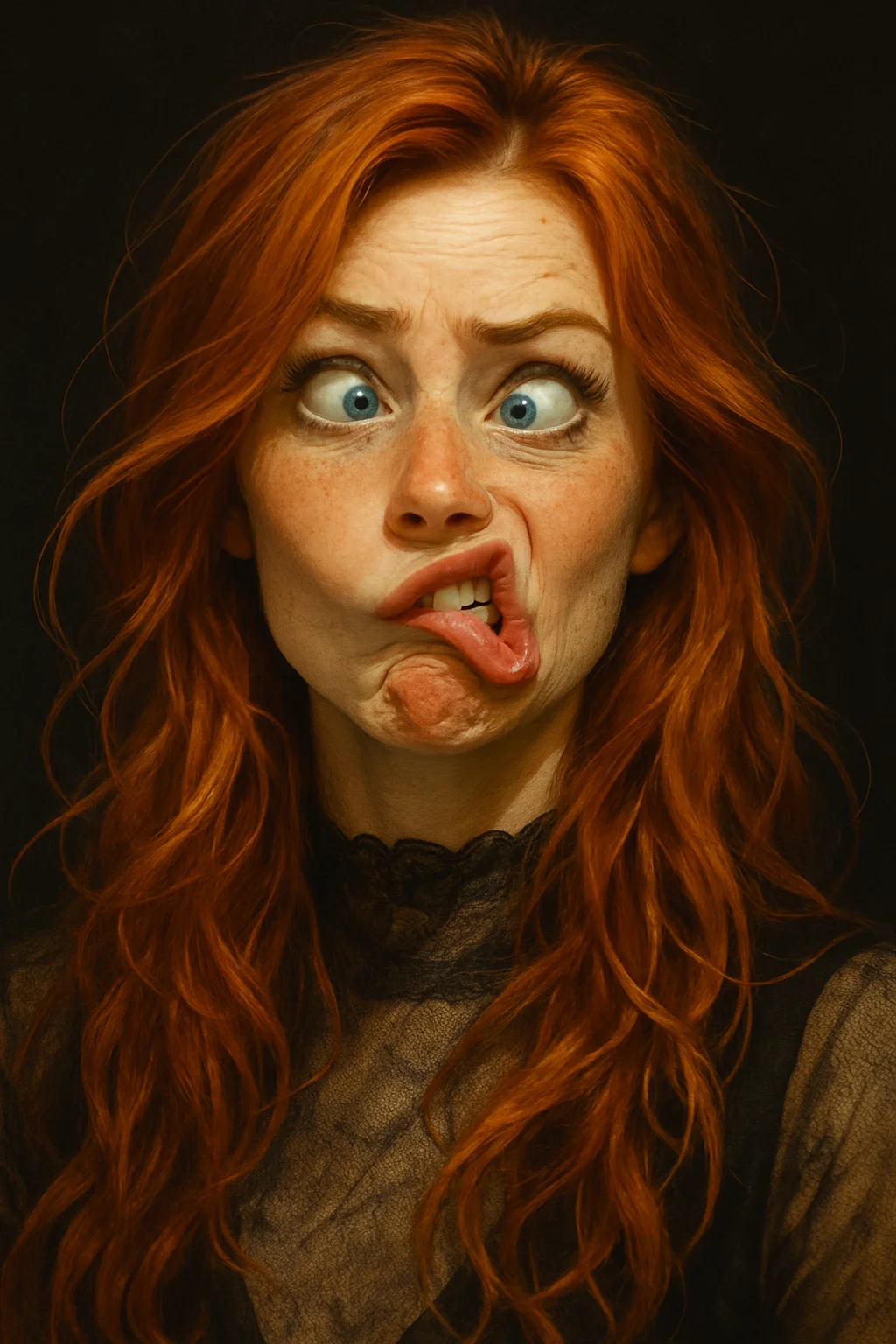 a realistic digital portrait of a red-haired young woman with long wavy hair and freckled pale skin, making an exaggerated and absurd comic expression, her eyes looking in different directions with a divergent gaze, eyebrows raised unevenly with one sharply arched, upper lip pulled sharply upward and to the side, lower lip pushed in the opposite direction, lips asymmetrical and tense without visible teeth, cheeks slightly uneven from facial tension, the expression resembles a shocked clown or animated jester reacting in confused panic, softly lit with a dark background, high detail on facial muscles and skin
