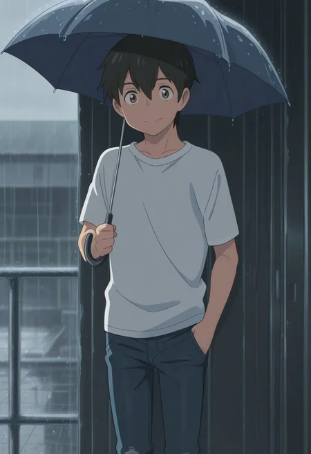 masterpiece,best quality,amazing quality, source_anime,
HodakaMorishima, 1boy, male focus, solo, brown eyes, black hair, hair between eyes, shirt, white shirt, t-shirt, jeans, smile, umbrella, rain,