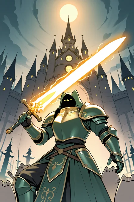masterpiece, best quality, pusheen, dressed as a magic knight, glowing sword, enchanted armor, fantasy castle in background, mystical forest ,<lora:PusheenIXL:1.0>,