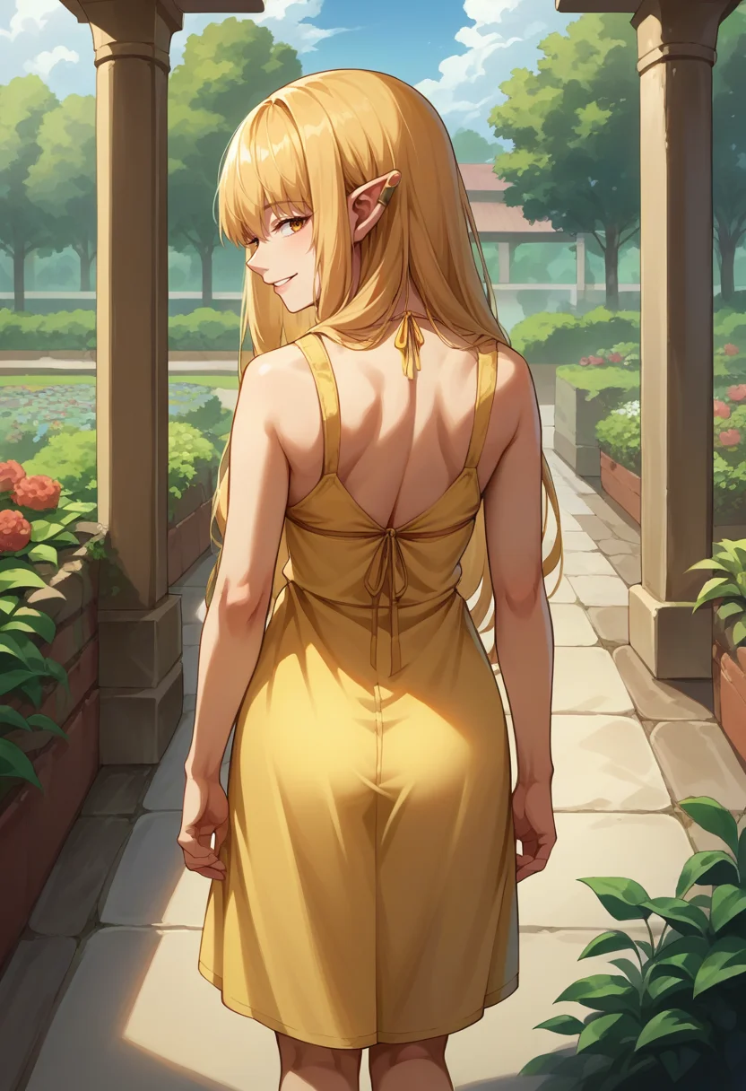 score_9, score_8_up, source_anime, 1girl, solo, Serie, long hair, hair tubes, ear bar, from behind, yellow sundress, garden, day, sunshine, smile, looking back, <lora:ChamSeriePonyXL:1>