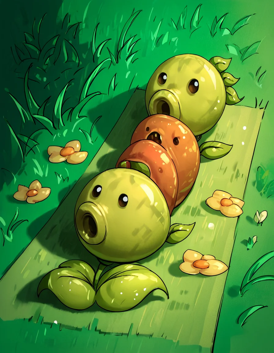 score_9, score_8_up, score_7_up, score_6_up, score_5_up, score_4_up, source_anime, , peashooter, creature, grass, sunbathing