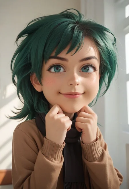 score_9, score_8_up, score_7_up, score_6_up,
Photorealistic, real photo, void background, god rays, (young), adorable, ,realistic, cute perfect face, (happy, smug), blush, big round eyes, side portrait, dramatic light,
dramatic pose, dramatic angle, struggling, squirming, 13kartZontik, Zontik, boy, green hair, boy, brown sweater, scarf