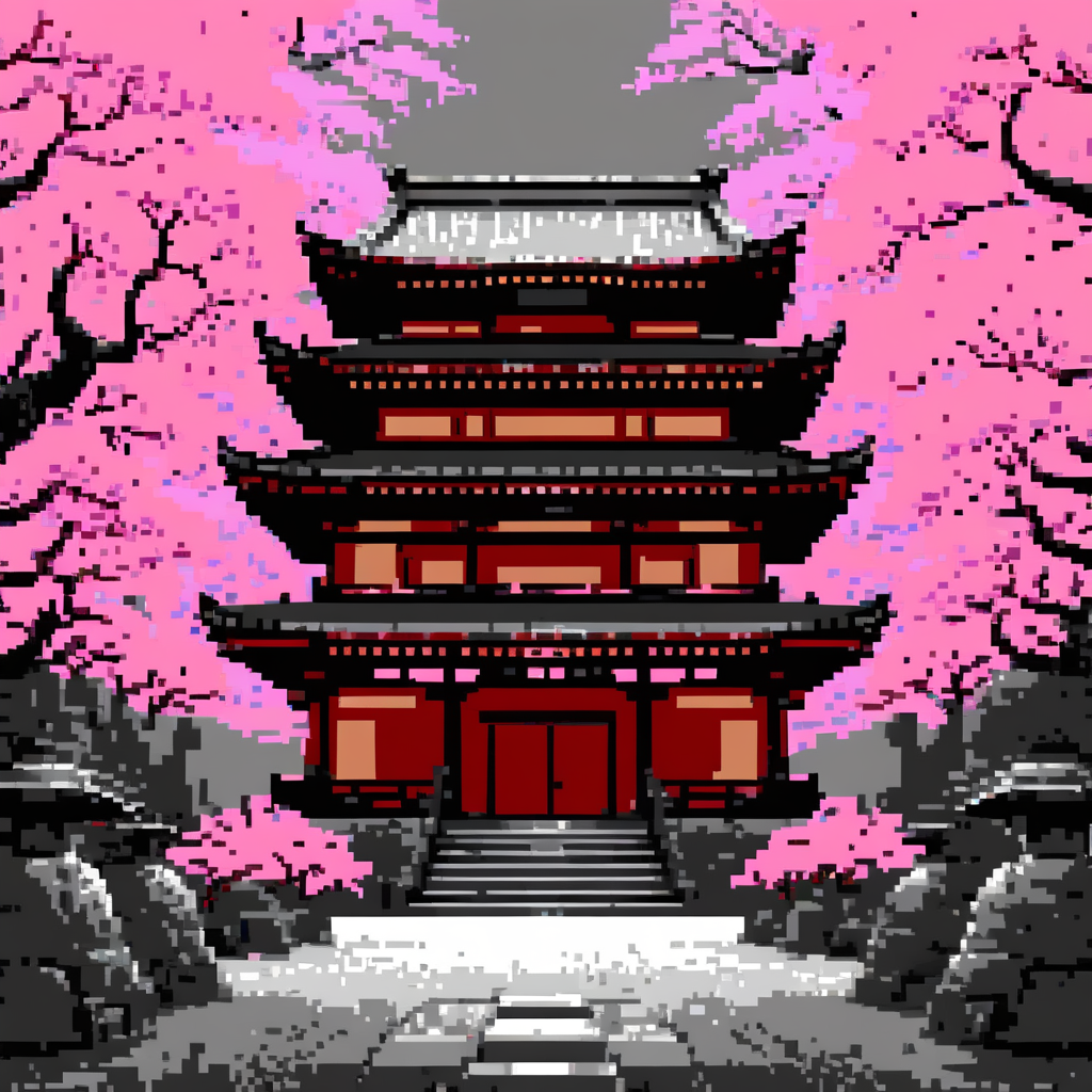 c64style, commodore64style, c64pixelartstyle, "A skilled martial artist practicing a powerful combat move in front of a traditional Japanese shrine, depicted in the style of Commodore 64 graphics. The pixelated fighter wears a classic karate gi with a black belt, striking a dynamic training pose with precise form. The wooden shrine in the background features curved rooftops, hanging lanterns, and sacred banners, surrounded by cherry blossom trees. The entire scene follows a limited 8-bit color palette and low-resolution aesthetic, evoking the nostalgic charm of classic C64 fighting games."
