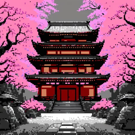 c64style, commodore64style, c64pixelartstyle, "A skilled martial artist practicing a powerful combat move in front of a traditional Japanese shrine, depicted in the style of Commodore 64 graphics. The pixelated fighter wears a classic karate gi with a black belt, striking a dynamic training pose with precise form. The wooden shrine in the background features curved rooftops, hanging lanterns, and sacred banners, surrounded by cherry blossom trees. The entire scene follows a limited 8-bit color palette and low-resolution aesthetic, evoking the nostalgic charm of classic C64 fighting games."
