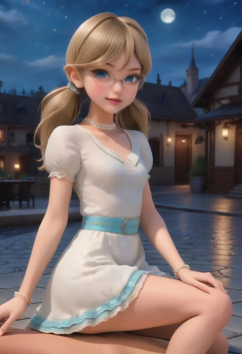 score_9, score_8_up, score_7_up, masterpiece, illustration, the best quality, ((solo)), 1girl, beautiful tender 18 years, lipstic, eyewear, small chest, small ass,
Sexy pose, seductive smile,
imtdaurobeaureal, 1girl, twintails, low twintails, blue eyes, blonde hair, long hair,
glasses,
Luxurious, beautiful, luxurious gothic dress, white dress (lace, frills blue belt), luxurious jewels, white lace choker, bracelet
Night, stars, only one Moon,
on rooftop, on top of medieval town, night time,
dynamic angle, cowboy shot, dynamic pose, cute, realistic, wide shot, view legs