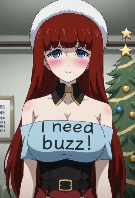 rating_safe, Ultra-high-detailed Anime illustration of Kagari Shiina from Anime Steins;Gate 0. The artwork features Kagari in a solo, face focus, upper body, standing position with a intdoors, indoors, living room with Christmas atmosphere. Gorgeous Christmas tree in background. Night Time..
She is depicted with intricate details showcasing her large breasts, natural_breasts. She is a white skinned, 22 years old woman. Kagari is looking_at_viewer with perfect_eyes, Her pupils are highly detailed. The eyes are open. blue eyes. Kagari's eyes are highlighted. Highlighted eyevrows.
She has long hair, red colored hair, styled in blunt bangs and floating hair.
She is wearing a black choker and a Santa dress, strapless crop top, sleevless crop top with bare shoulders.
She is wearing a Santa Hat and red skirt, red pencil skirt with black belt.
The artistic style is intricate_details_xl with a focus on Anime art. The color palette emphasizes red and black with detailed strokes to bring out the character's features. The lighting creates dramatic shadows and highlights, adding depth to the artwork. The perspective is from a face focus, dutch angle to enhance the impact of the character's expression. This masterpiece is a true portrayal of Kagari's complex personality and will captivate any fan of Kagari. uncensored, upper body, blushing, smile, Kagari Shiina, perfecteyes, need_buzz, holding sign with hands, i need buzz
<lora:Steins_Gate:1>