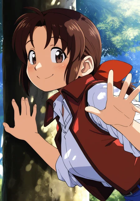 <lora:MeMax5-noob-vpred:1>,1girl,holly \(monster farm\),close-up,standing,outside,leaning forward,(against tree:1.1),upper body,shirt,smile,thin,tree shade,wind,waving,light blush,from side,ponytail,low ponytail,(red hair bow:1.5),(dark brown hair:2),brown eyes,white collared shirt,brown open jacket,sleeveless jacket,