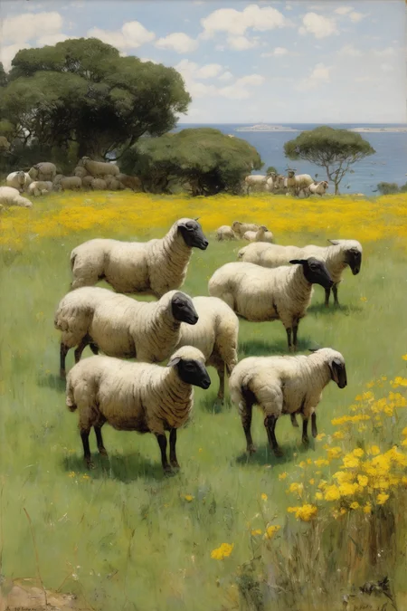 Jules Bastien-Lepage Style - a herd of sheeps grazing in the foreground. In the background are two boys catching butterflies on a grassy field full of yellow flowers. A wall of trees behind them cover the sea from the horizon. Painted by Jules Bastien-Lepage