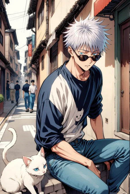 1boy, male focus, gojou satoru, jujutsu kaisen, sunglasses , (90s anime style:1.5), front view, outdoors, street view, (looking down:1.3), perfecteyes, shirt, denim shorts, (a single white cat sitting next to them) <lora:detailed_notrigger:1> <lora:ParchartXL_CODA:0.2> <lora:Isometric Cutaway:1> <lora:PerfectEyesXL:1> <lora:Surreal Harmony:0.2>