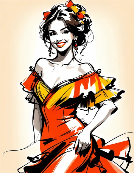 inksketch, young brunette in flamenco dress, naughty eyes, mischevious smile, dynamic angle, orange and yellow