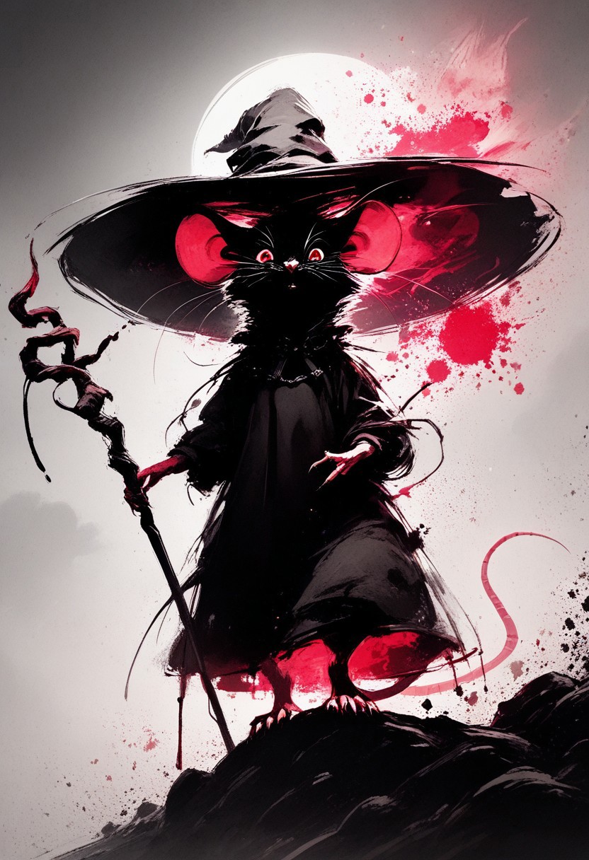 score_9, score_8_up, score_8, (solo), (fluffy:0.8), (feral), outdoors, furry, (((mouse))), female, glowing red eyes, grey fur, black ears, claws, (fluffy cheeks:0.4), witch hat, (black dress), (red glowing magical staff), (cute:0.3), in the style of beatrix potter, cel-shading, monochromemuse, monochrome, greyscale, ink splatter, sky, backlit, dark aura, arkane_dark. dramatic angle