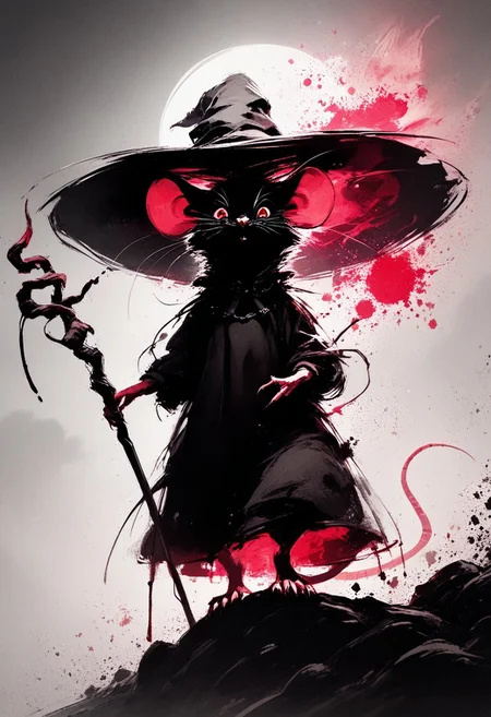 score_9, score_8_up, score_8, (solo), (fluffy:0.8), (feral), outdoors, furry, (((mouse))), female, glowing red eyes, grey fur, black ears, claws, (fluffy cheeks:0.4), witch hat, (black dress), (red glowing magical staff), (cute:0.3), in the style of beatrix potter, cel-shading, monochromemuse, monochrome, greyscale, ink splatter, sky, backlit, dark aura, arkane_dark. dramatic angle