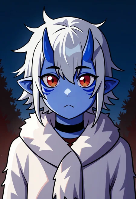 (flat colour), 1girl, 25 years old, perfect face, cute, petite, red eyes, white hair, short hair, messy hair, crossed bangs, hair between eye, pointy ears, black choker, (blue skin:1.2), (oni:1.2), blue oni, facial tattoo, Winter Fur Coat, tattoos, Tribal architecture, animal skin tents, south pole, cowboy shot,