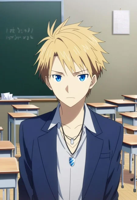 high resolution, professional photography, solo, best quality, 1Boy, Yamato Ishida, Blond Hair, Deep Blue Eyes, Necklace, classroom, school, school uniform, OverallDetail
