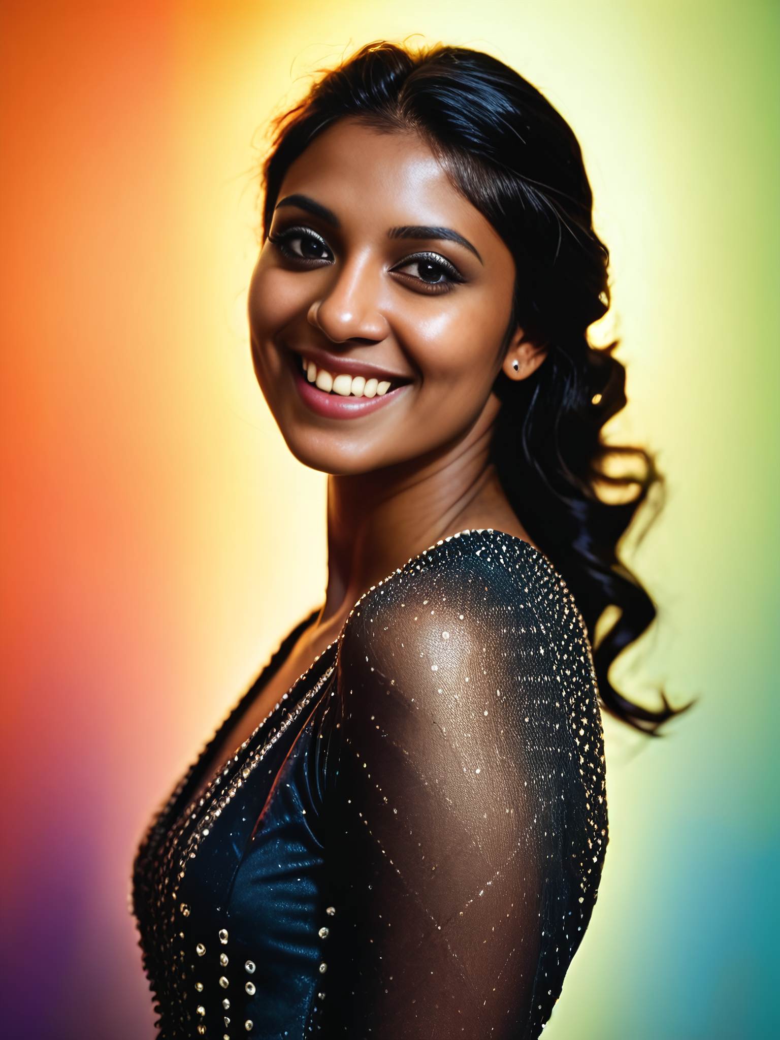 score_9, score_8_up, score_8,portrait photo, realistic, solo,smiling, desiespresso:0.5, western dress, censored, colorful background bokeh, rating_safe, <lora:Desi_Tabela_PonyXL_LoRA_prodigy_local:0.8>