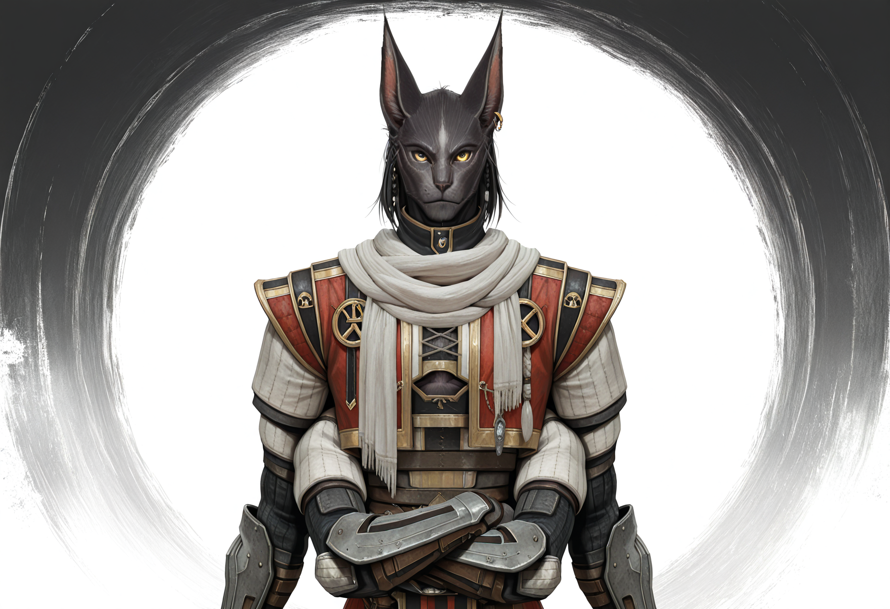 masterpiece, best quality, ultra-detailed, absurdres, TorgalLR, Four arms, 1boy, solo, dark gray fur, feline, armored coat, braided hair, golden eyes, animal ears, white scarf, earring,  abstract background,  standing, chest cutout, upper body, portrait, arms crossed <lora:NOOB_vp1_detailer_by_volnovik_v1:.9>  <lora:Torgal_The_Last_Remnant:1>