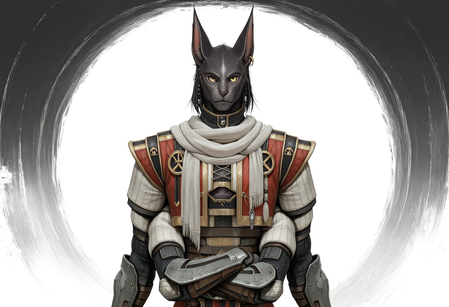 masterpiece, best quality, ultra-detailed, absurdres, TorgalLR, Four arms, 1boy, solo, dark gray fur, feline, armored coat, braided hair, golden eyes, animal ears, white scarf, earring, abstract background, standing, chest cutout, upper body, portrait, arms crossed <lora:NOOB_vp1_detailer_by_volnovik_v1:.9> <lora:Torgal_The_Last_Remnant:1>