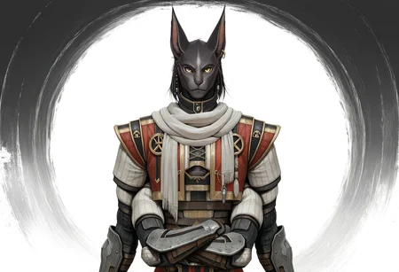 masterpiece, best quality, ultra-detailed, absurdres, TorgalLR, Four arms, 1boy, solo, dark gray fur, feline, armored coat, braided hair, golden eyes, animal ears, white scarf, earring,  abstract background,  standing, chest cutout, upper body, portrait, arms crossed <lora:NOOB_vp1_detailer_by_volnovik_v1:.9>  <lora:Torgal_The_Last_Remnant:1>