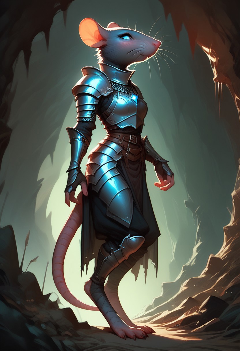 score_9, score_8_up, score_7_up, score_6_up, 1 anthro skaven girl, sexy face, wearing knight female armor, cute face, blue eyes, hazel red eyes shy, nose blush, medium boobs, chest up, grey fur, bald, fullbody, smirking, (dark green glowing cave background), 3/4 side view, full body view