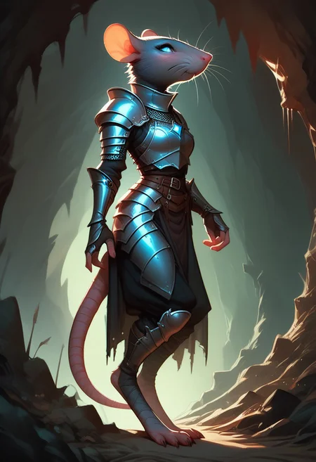 score_9, score_8_up, score_7_up, score_6_up, 1 anthro skaven girl, sexy face, wearing knight female armor, cute face, blue eyes, hazel red eyes shy, nose blush, medium boobs, chest up, grey fur, bald, fullbody, smirking, (dark green glowing cave background), 3/4 side view, full body view