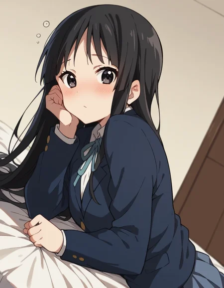 score_9, score_8_up, score_7_up, source_anime,
mioakiyama, <lora:mio-akiyama-s2-ponyxl-lora-nochekaiser:1>,
mio akiyama, long hair, bangs, black hair, black eyes, hime cut,
sakuragaoka high school uniform, school uniform, uniform, blazer, shirt, white shirt, collared shirt, skirt, pleated skirt,
indoors, bed, bed room, on side, blush, drunk,
looking at viewer, cowboy shot, dutch angle, solo,