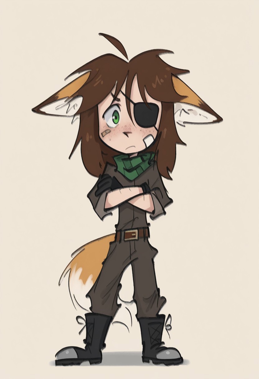 best quality, detailed face, detailed eyes, , , 
by vor sirkov
1boy, animal ears, bandage on face, bandaid, bandaid on face, belt, boots, borrowed character, brown hair, chibi, crossed arms, eyepatch, fox boy, fox ears, fox tail, gloves, green eyes, long hair, male focus, scarf, solo, tail