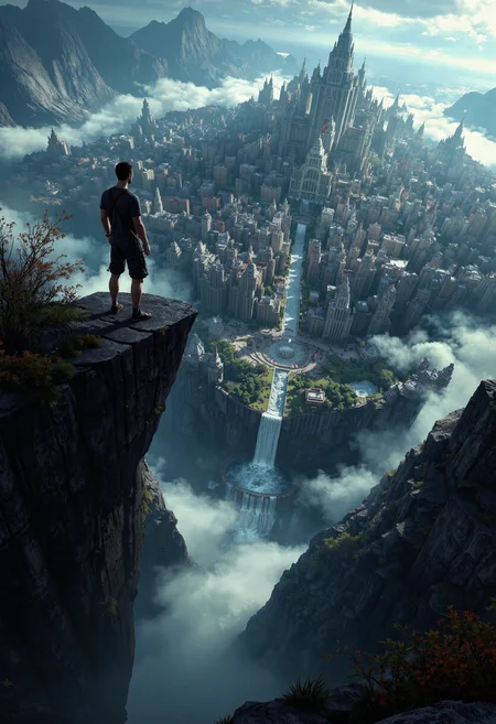 A man standing on a cliff, below an incredibly detailed fantastic city <lora:dark_fantasy_flux:0.8>  <lora:MidjourneyV6.1:0.8> midjourneyv6.1