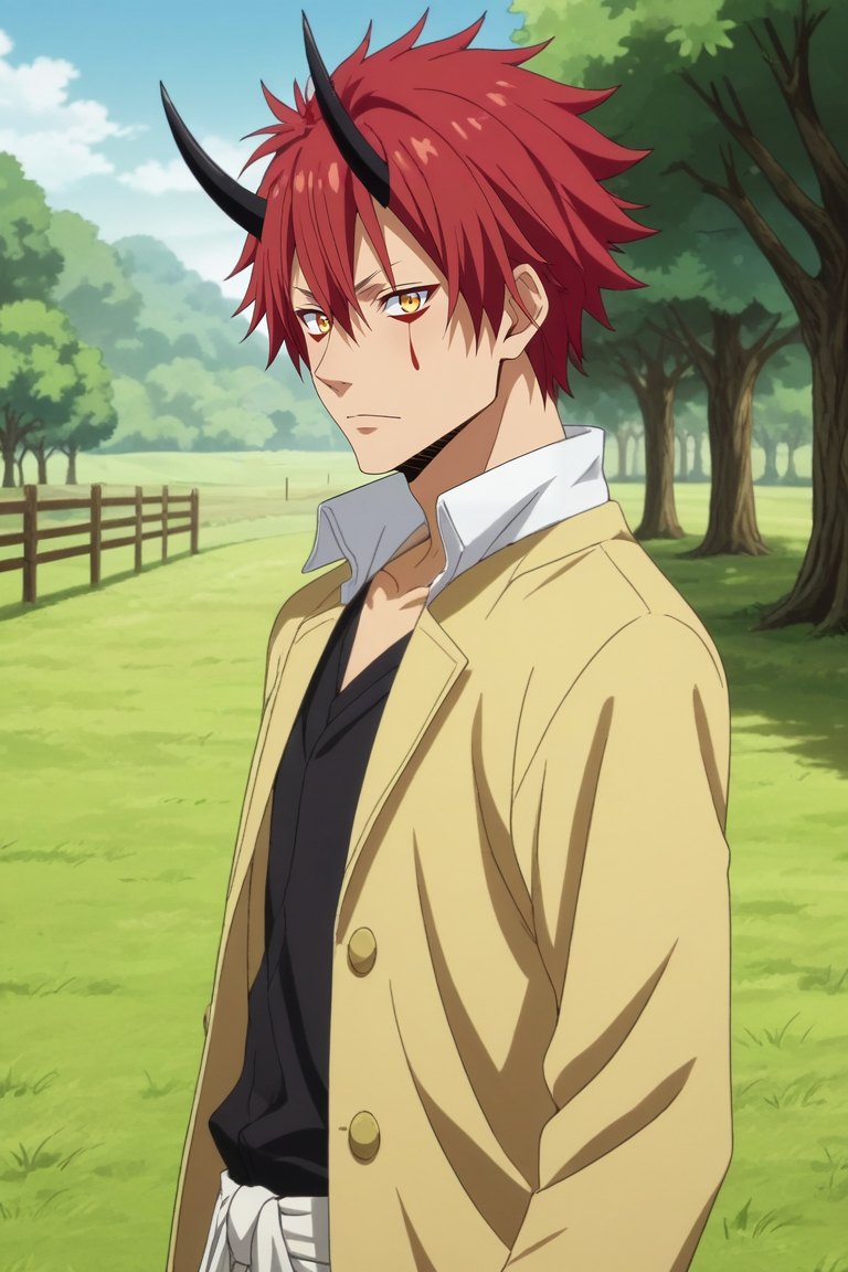 score_9, score_8_up, score_7_up, source_anime, rating_safe, intricate details, anime screencap, anime coloring, official style, looking at viewer, , 1boy, solo, male focus, <lora:benimaru_tensura_pony:0.8>, benimaru_tensura, red hair, yellow eyes, hair between eyes, horns, oni horns, facial mark, from side, farm, plantation, dawn, arm support, heart eyes, , <lora:sdxl_lightning_8step_lora:1>