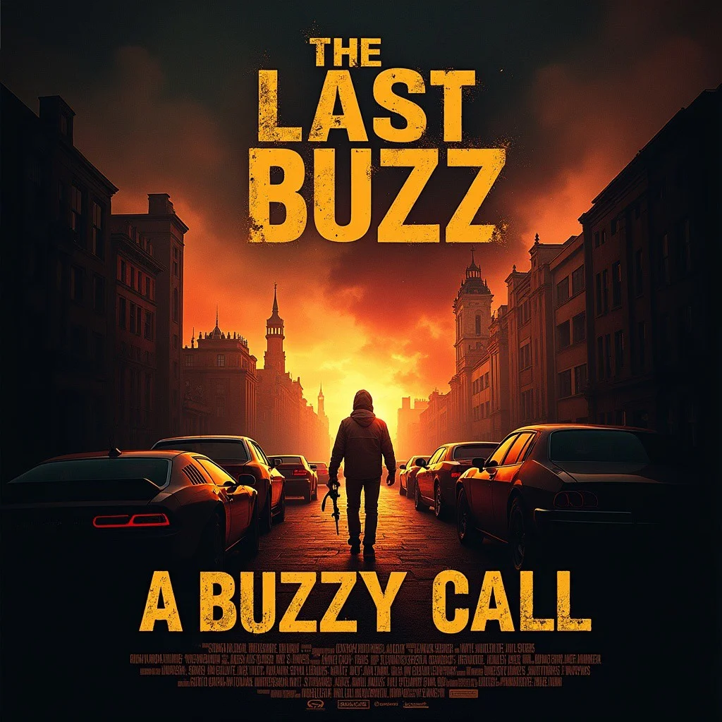 Realistic Dark Action movie poster with the title "The Last Buzz 5: A Buzzy call", with the scenario of a city