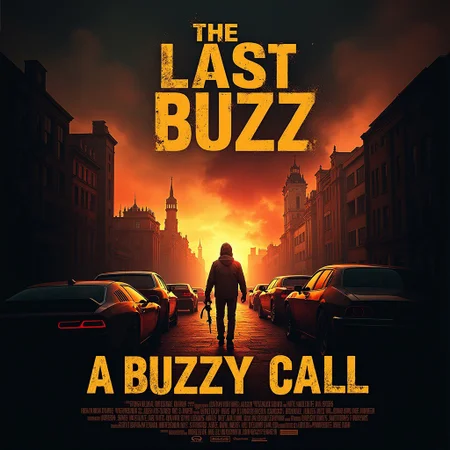 Realistic Dark Action movie poster with the title "The Last Buzz 5: A Buzzy call", with the scenario of a city