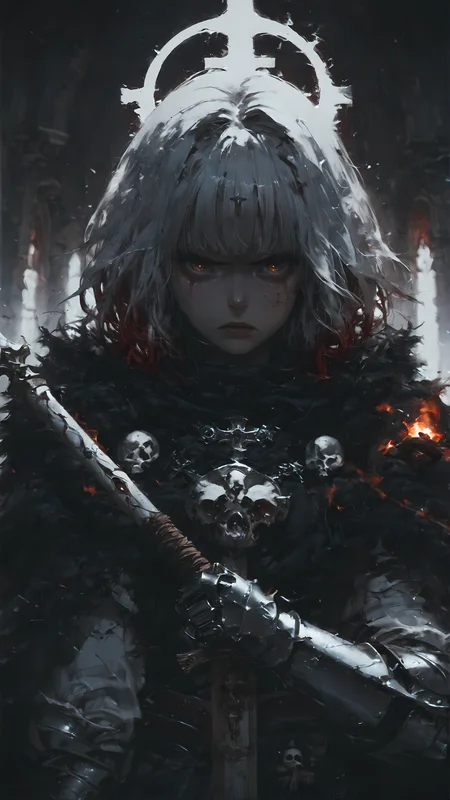 core_9, score_8_up, score_7_up, rating_safe, dnd. d&d, priest, cleric,
1girl, silver plate armor, red hair, brown eyes,, starburst eyes, detailed eyes, shattered eyes, short hair, bangs over eyes, bowl cut, small breasts, white cloak, fur cloak, glowing eyes, streaked face, red tears,
lifted staff, looking down on viewer, (disgusted look:1.5), view from below, leather gloves,
horror background, skulls, witch, hellfire, wind blown hair,
<lora:Expressive_H:1> <lora:Vixons Pomy Styles Gothic Neon:.45> <lora:disgusted_face_xl_goofy:1> <lora:HKStyle_V3:1> <lora:Fant5yP0ny:1> <lora:HKHorrorXL:1>