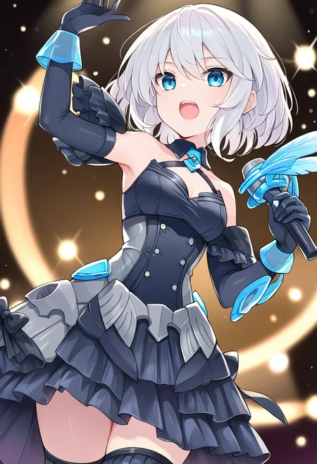 (score_9:0.9),score_8_up,score_7_up,anime style,rating_safe,<lora:30ms Alpha Sisters Phantasm ponyXL v1:0.76>,Alpha Sisters Phantasm black,Phantasm dress,holding microphone,concert,hand up,white hair,short hair,blue eyes,open mouth,black dress,1girl,solo,