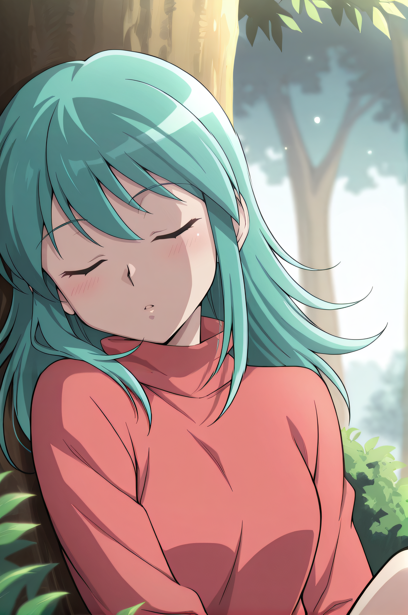 masterpiece, best quality, highres, newest, 1girl, solo, official style, <lora:IL_Ponzu:1>, ponzu, aqua hair, pale red shirt, turtleneck, upper body, closed eyes, sleeping, parted lips, blush, tree behind, outdoor, sitting