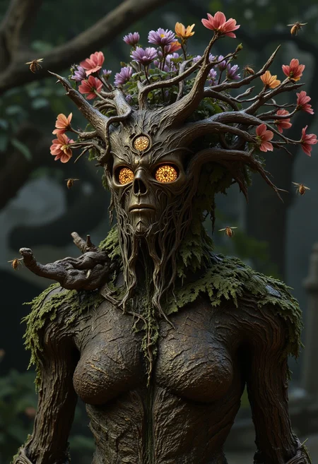 mythical creature resembling an ent, its head formed by a massive human skull draped in patches of lichen and moss, giving it an ancient and weathered appearance. The eye sockets glow faintly with golden honeycombs, intricately designed to form irises, with dark voids where pupils should be. The glowing honeycombs cast a soft amber light on the moss-covered branches, creating a mystical and otherworldly atmosphere.
Instead of hair, vibrant flowers in full bloom sprout from the top of the skull, their colors ranging from deep crimson to soft lavender. Bees buzz around the blossoms, some landing delicately on petals, others mid-flight
The body of the creature is a mass of intertwined branches, wrapped in rugged bark, forming arms, legs, and a chest, small luminescent fungi and creeping vines accentuating its natural form. covered with chitinous exoskeleton, forming an armor, with intricate detailed engravings, glowing patterns and runes on it. The being stands in a misty forest, a guardian of life and decay. full-length, aidmabaldursgate3, aidmamj6.1, aidmafluxpro1.1