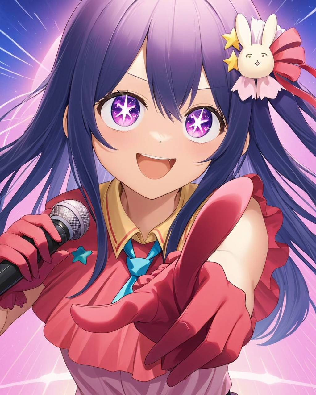 ai hoshino,1girl, solo, open_mouth, star_\(symbol\), idol, holding_microphone, red_gloves, necktie, smile, symbol-shaped_pupils, rabbit_hair_ornament, ribbon
<lora:hoshino_ai_(oshi_no_ko)_image2321_2023-12-06:1>,star-shaped_pupils,symbol-shaped_pupils,. gorgeous,key visual, vibrant, studio anime,award-winning, professional, highly detailed,high budget, cinemascope