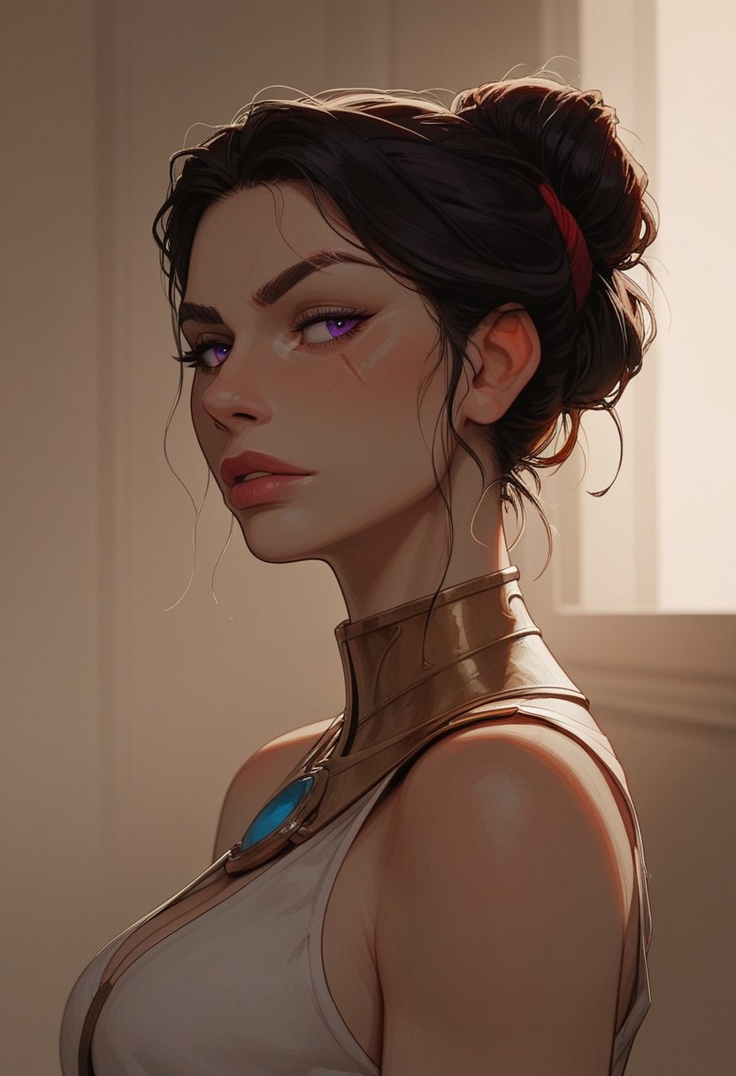 (score_9, score_8_up, score_7_up). ( line work, excellent drawing, highest quality, extremely detailed:1.2). 1woman, milf, Greek Goddess Nemesis, villain, perfect face, beautiful violet eyes, dark hair, bun, red streaks, long lashes, ((split eyebrow)), brow scar, glossy lips, seductive expression, femdom, dynamic angle, side view, ancient greek dress, g0thicPXL, romantic, cinematic lighting, volumetric lighting, source_cartoon, statuesque,