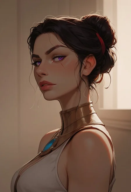 (score_9, score_8_up, score_7_up). ( line work, excellent drawing, highest quality, extremely detailed:1.2). 1woman, milf, Greek Goddess Nemesis, villain, perfect face, beautiful violet eyes, dark hair, bun, red streaks, long lashes, ((split eyebrow)), brow scar, glossy lips, seductive expression, femdom, dynamic angle, side view, ancient greek dress, g0thicPXL, romantic, cinematic lighting, volumetric lighting, source_cartoon, statuesque,