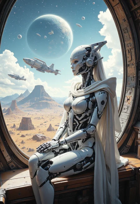 Exotic alien explorer, white armored robot, petite frame, next to window, armor made of smooth crystal bones, looking out spacecraft window down at another world with an extraterrestrial landscape, unreal steppe, wearing white cloak, long white hair, exotic alien exploreration space ships landed in distance, fantasy dream, starry sky with distant large planets, ancient civilization ruins in background, 8k uhd, perfectly balanced, pixar style, abstract multilayer texture, by Jeremy Mann, striking elegant aesthetic ship design, soogsx, cyborg legs, cyborg flat breast, holding futuristic pulse rifle, <lora:FLUX - DreamArt Style:0.5> <lora:FLUX - Image Upgrader - Detail Maximizer:0.5> <lora:FLUX - ROBOT-V3:0.7> <lora:FLUX - Meets Midjourney V6.1:0.5> <lora:FLUX - Armat_M41A_Pulse_Rifle_-_Aliens:1.0>