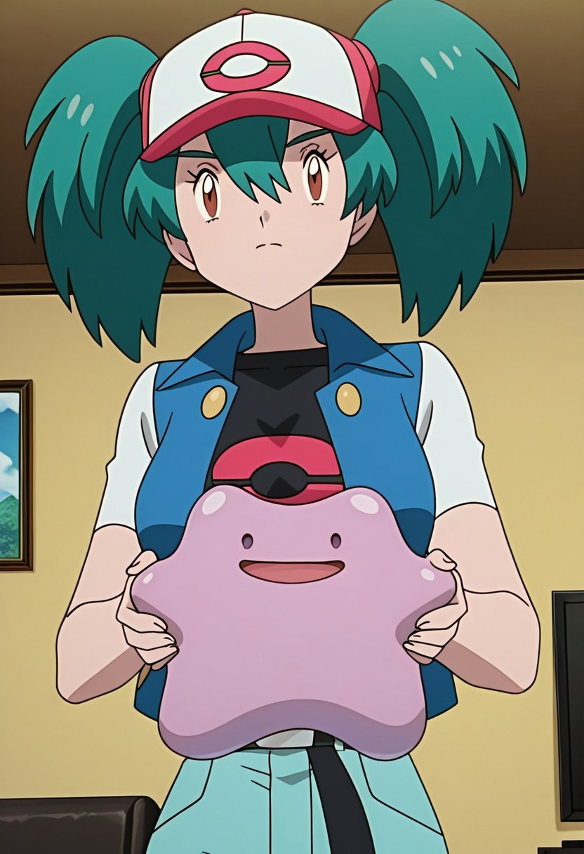 score_9, score_8, score_7, anime_screencap, anime_coloring, source_anime, high_res, rating_questionable,, uncensored,
pkmnduplica, 1girl, green hair, aqua hair, twintails, bangs, hair between eyes, brown eyes,
baseball cap, short hair, blue jacket, white sleeves, short sleeves, black shirt, belt, sky blue pants,
holding, Pokemon_(/creature/), Ditto, indoors, living room, detailed background