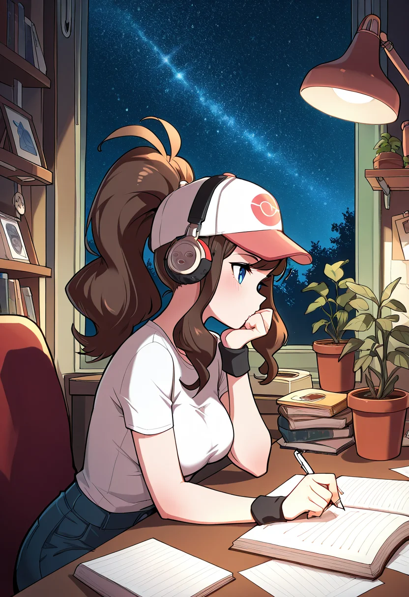 masterpiece, best quality, medium breasts, (curvy), BREAK, zzHilda, blue eyes, long hair, high ponytail, sidelocks, <lora:HildaPokemonIXL_e08:1.0>,zzLofi, sitting, side view, desk, chair, book, bookshelf, head rest, holding, holding pen, lamp, night, open book, pen, plant, potted plant, sky, star (sky), starry sky, window, windowsill, writing, , <lora:LofiGirl_Style_IXL:1.0>,